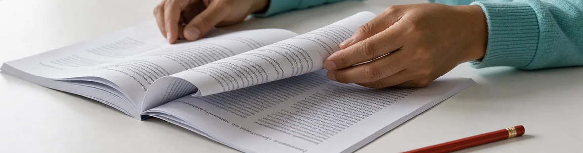 A reader's hand pauses between two open research papers at a bright home table, with all print out of focus